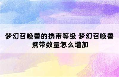 梦幻召唤兽的携带等级 梦幻召唤兽携带数量怎么增加